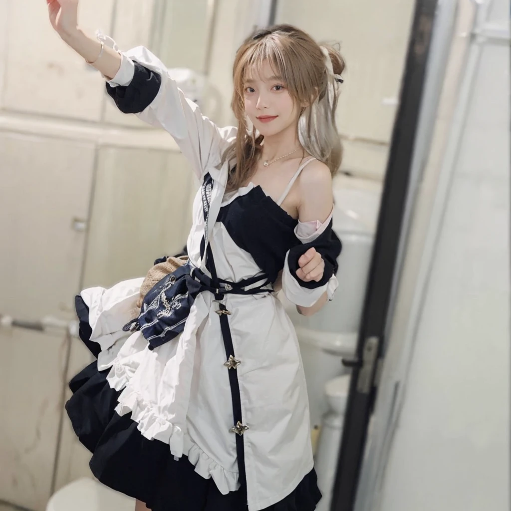 best qualtiy， Ultra-high resolution， （realisticlying：1.4），cute hairpin，Baoyu Girl，1girll, Beautiful woman with a slim figure:1.4, abs:1.1, (A brown-haired, mideum breasts:1.3), Long pink sweater:1.1, bathroom,Ultra-fine face，Elaborate Eyes，double eyelid，ssmile，choker necklace