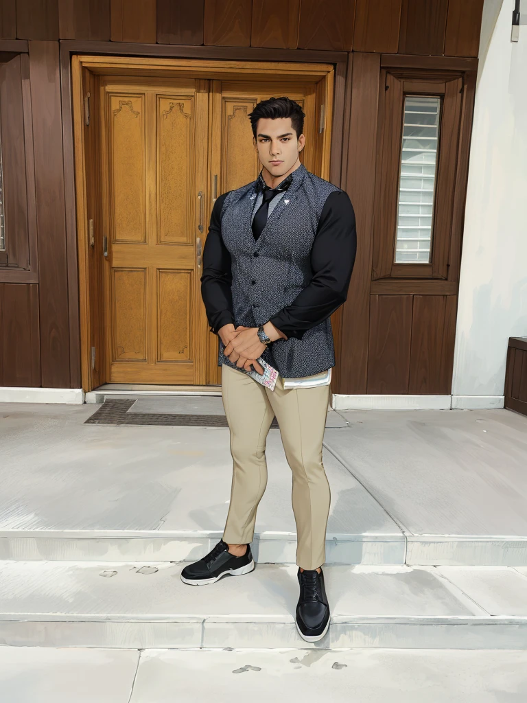 (absurdres, highres, ultra detailed, realistic, ), 1 male, solo, adult, mature, tall muscular guy, broad shoulders, handsome, very short hair, black hair, brown eyes, angular jaw, thick neck, thick eyebrows, night, dark, the night view of the city background, formal suit, necktie, upper body