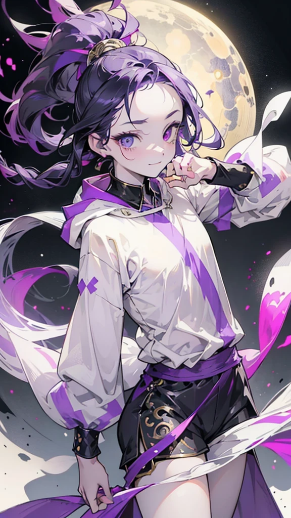 cheerful boy with open forehead. dark purple hair braided in a ponytail on the left side to one side. sinuous black horns wrapped in dark purple ribbon. pale violet eyes. in short dark purple shorts. long white T-shirt. dark purple knee-high socks. a white long robe with a hood flutters in the wind. black ancient stone walls of the castle purple light from lamps with gold ornaments, heterochromia, long curly hair, pale skin, I look at the viewer, closed mouth, bright smile, Beautiful, extremely detailed eye, Absolutely amazing art, extremely detailed, Digital art of the highest quality, full length, old pionino ancient castle