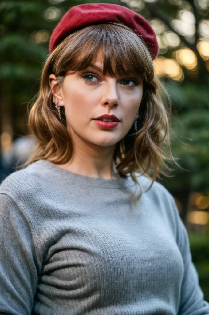 (realistic), (hyperrealism), (photorealistic:1.4), best quality, masterpiece, xtaylor, 1girl, looking at the viewer, makeup, detailed eyes, detailed face, (upper body:1.2), nude, red beret, walking at the forest road, sunset, fall season, (windy:1.2)