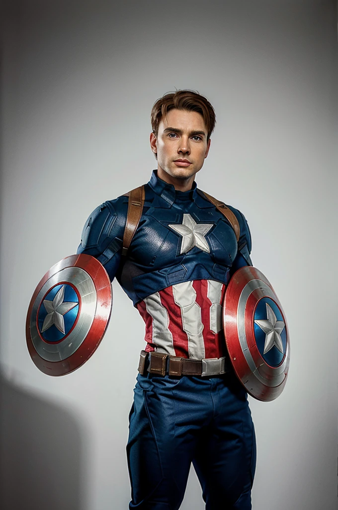 make two full body pictures of captain america, one in color and the other just a simple thin line, with no background and no details for children's coloring learning book material
