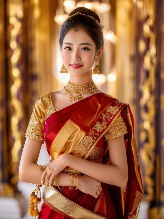 Close-up of woman wearing gold dress and jewelry, traditional beauty, traditional makeup, Sukhothai dress, Southeast Asia that has existed for a long time, Niwan Chandra, traditional, Wear luxurious jewelry., According to Thawan Duchanee's style, wearing traditional garb, Wear elegant clothes, Dressed in intricate green and gold., Wear gold jewelry, traditional art (Masterpiece:1.4),, (best quality:1.4),,3 d,, Ultra high resolution animation,, 8K, CG,, (Very delicate and beautiful:1.2),, , upper body,, from the side,, look at viewer,, , 1 girl,, alone,, Girl Robbery,, mature woman,, , cute, sweet,, , In wheat fields,, blurred background,, , Long brown hair,, Ponytail, long, flowing hair,, , brown eyes,, gag,, red lips,, , wind blown face,, , white dress,, large breasts, 45,000,000,000 pixcls,
