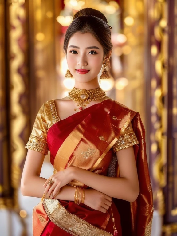 Close-up of woman wearing gold dress and jewelry, traditional beauty, traditional makeup, Sukhothai dress, Southeast Asia that has existed for a long time, Niwan Chandra, traditional, Wear luxurious jewelry., According to Thawan Duchanee&#39;s style, wearing traditional garb, Wear elegant clothes, Dressed in intricate green and gold., Wear gold jewelry, traditional art (Masterpiece:1.4),, (best quality:1.4),,3 d,, Ultra high resolution animation,, 8K, CG,, (Very delicate and beautiful:1.2),, , upper body,, from the side,, look at viewer,, , 1 girl,, alone,, Girl Robbery,, mature woman,, , cute, sweet,, , In wheat fields,, blurred background,, , Long brown hair,, Ponytail, long, flowing hair,, , brown eyes,, gag,, red lips,, , wind blown face,, , white dress,, large breasts, 45,000,000,000 pixcls,