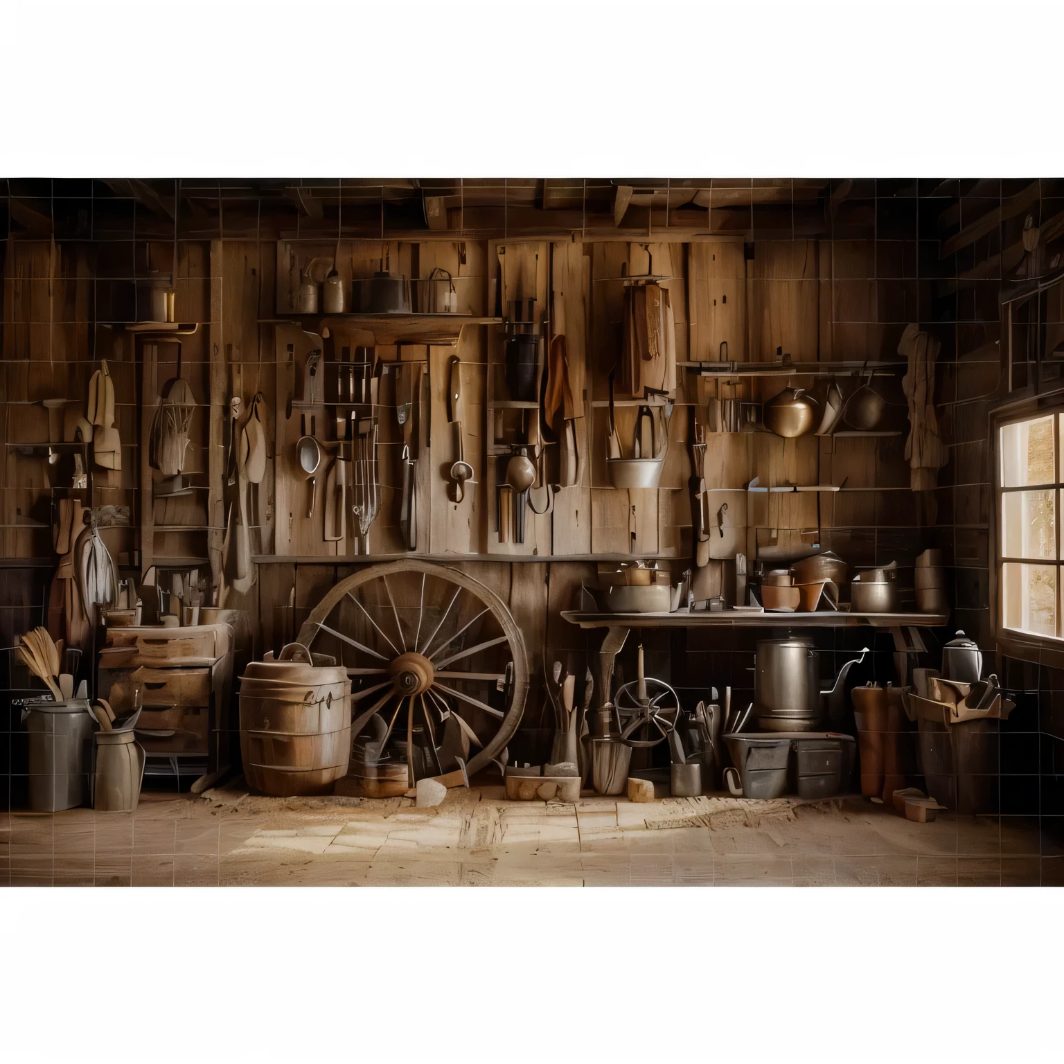 close-up of a room with a cart and many tools, Setting of the Wild West, western hall theme, western background, old kitchen scenery, wild west background, oldwest, oldwest, wild west theme, in an oldwest cabin, in the oldwest, oldwest town, wild west 4k, trends in pixart”, rustic setting, western setting
