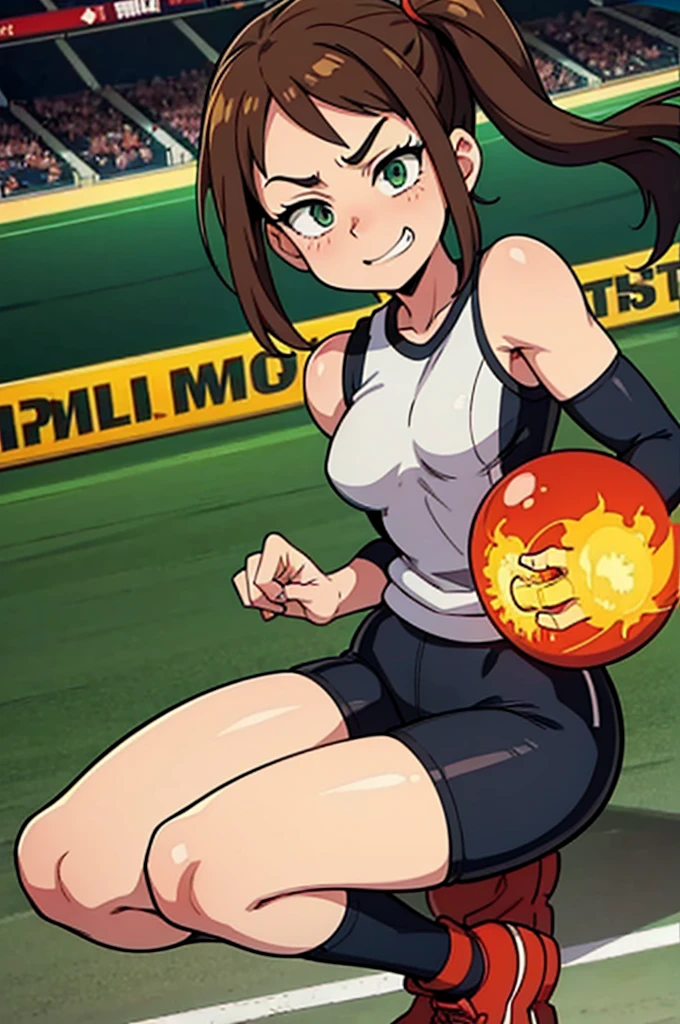 A girl with long pigtails of brown hair and pretty green eyes, framed by pale skin, stood smirking at Bakugo, her opponent in the U.A. Sports Festival. Her hands glowed a vibrant green, a testament to her quirk, Vital Surge, which allowed her to heal people. Clad in the standard gym uniform, she faced Bakugo with a mix of determination and confidence. The stadium buzzed with excitement, the audience eager to see how her healing abilities would fare against Bakugo's explosive power. The scene, rendered in the distinct, dynamic art style of My Hero Academia, captured the intensity of the moment as the battle commenced.