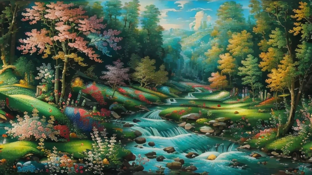 highly detailed image. A stream cutting through a beautiful flowery valley. strong and vibrant colors. Kinematic lighting 