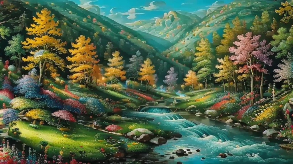 highly detailed image. A stream cutting through a beautiful flowery valley. strong and vibrant colors. Kinematic lighting 