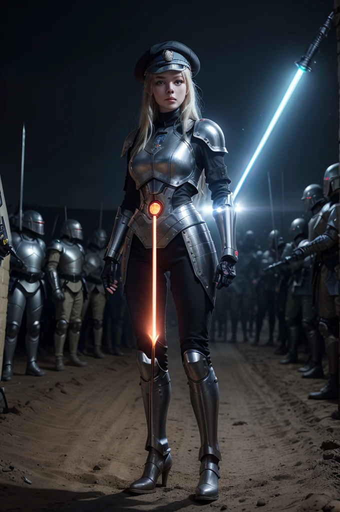 A WARRIOR WOMAN with a robotic arm, wearing a beret, dressed in futuristic armor. She holds a glowing sword in one hand and a laser gun in the other, surrounded by knights, zombies and aliens on a sci-fi medieval battlefield. The scene is a vibrant vector illustration, mixing sci-fi and fantasy elements.