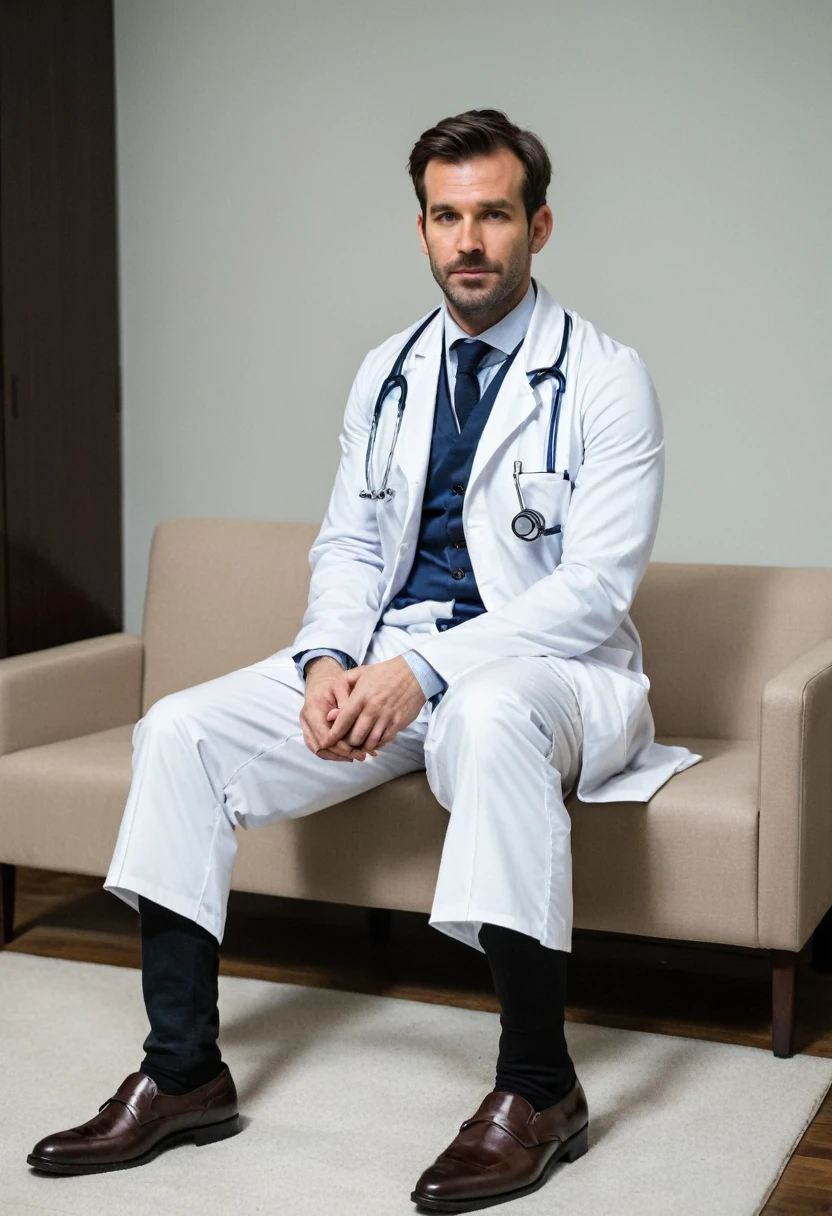 RAW photo, full body, a 35-year-old man, dressed as a doctor, is sitting on a guest sofa, looking towards the audience, wearing shoes, with both hands forward on his knees.