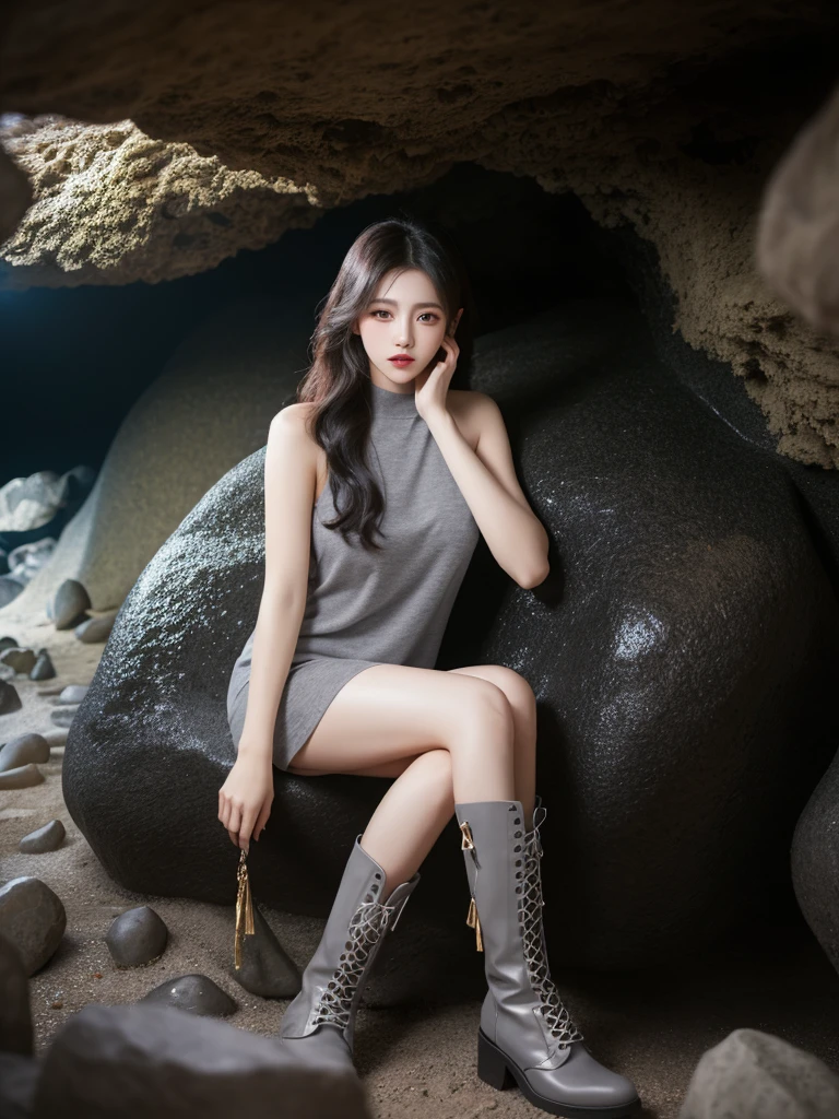Beautiful woman wearing a grey Wearing swag style clothes mini dress with decorations on the shirt and visible shoulders and wearing boots and being photographed with a background And I was in a cave filled with colorful and cool rocks ,Korean style swag, beautiful face so gorgeous, Beautiful eyes, y2k style,
