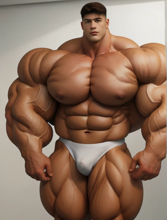 1 men, giant, bodybuilder pose, illuminating light, strong body, bulk, large size, staring, stand on the white wall, nude, white triangular underwear, prominent bulge, big, brutalmass, giant, muscular body, bulk, buff, massive body, large meaty body size, black undercut hair
