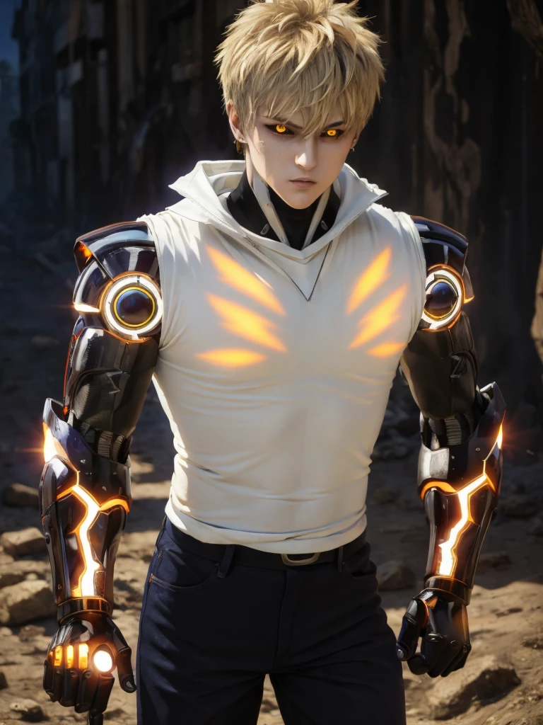 (masterpiece, best quality:1.4), colorful, high contrast, genos white shirt, sleeveless, black pants, mechanical arms, glowing, glowing eyes, glowing hand, standing, fighting stance