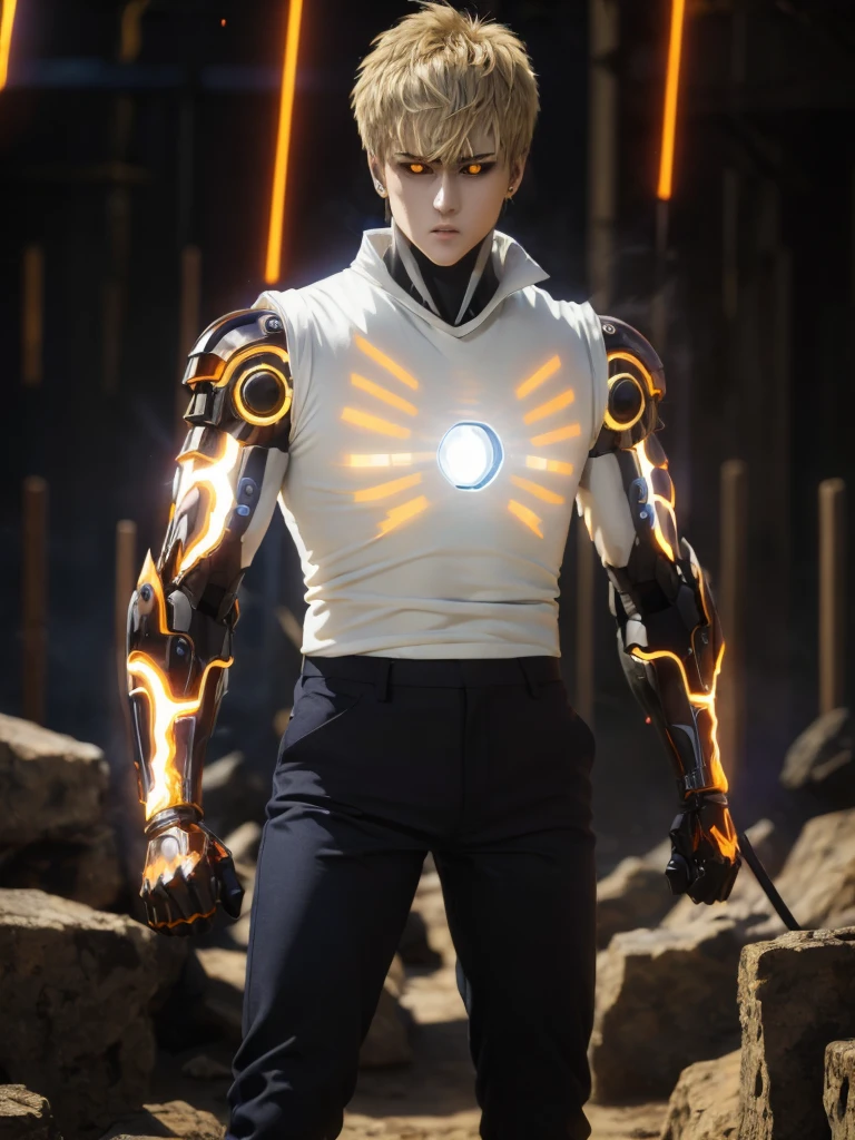 (masterpiece, best quality:1.4), colorful, high contrast, genos white shirt, sleeveless, black pants, mechanical arms, glowing, glowing eyes, glowing hand, standing, fighting stance