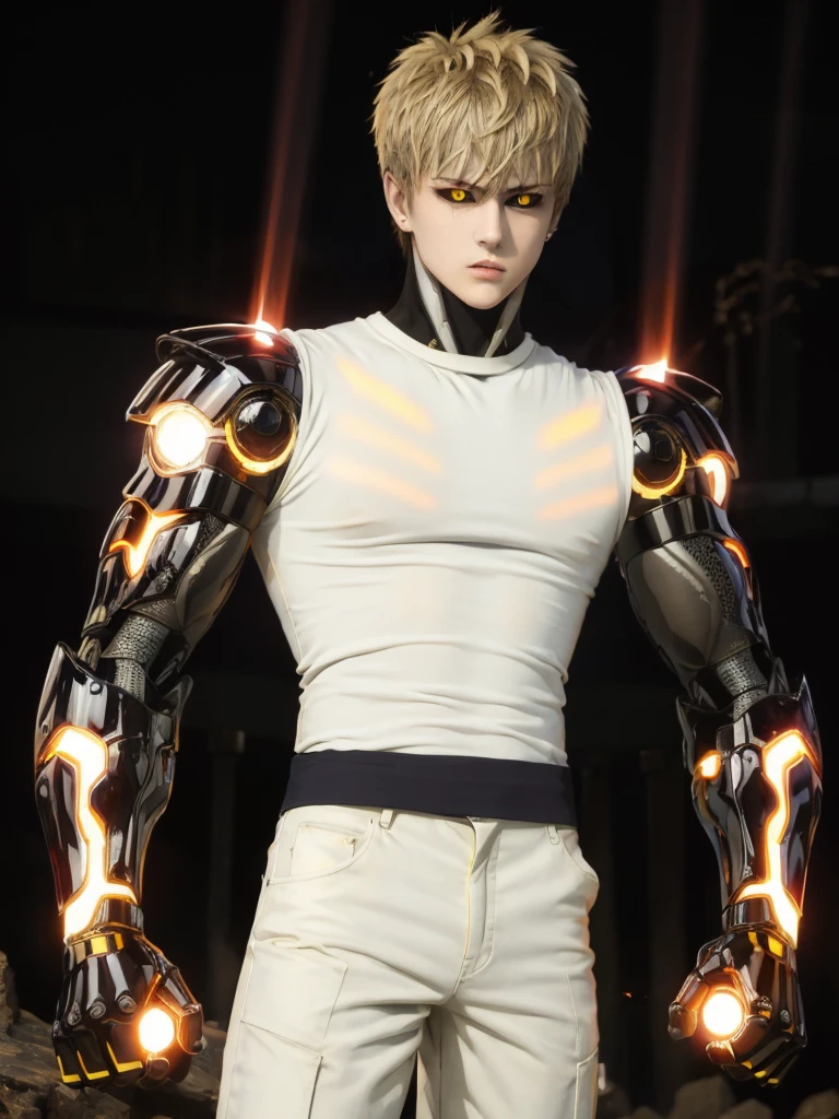 (masterpiece, best quality:1.4), colorful, high contrast, genos white shirt, sleeveless, black pants, mechanical arms, glowing, glowing eyes, glowing hand, standing, fighting stance