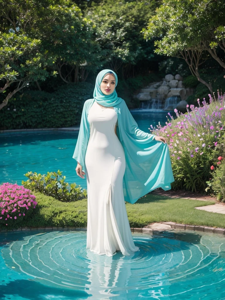 Captivated by her allure, 3 plump women's, they stands amidst a sea of vibrant flowers, they blue, green, and cream hijab flowing gracefully around her. In a world of vivid colors and dreamlike serenity, she enchants with her stunning physique and captivating gaze. Lost in the ethereal beauty of nature, she radiates confidence in they mesmerizing blue, green, and cream hijab and abaya.