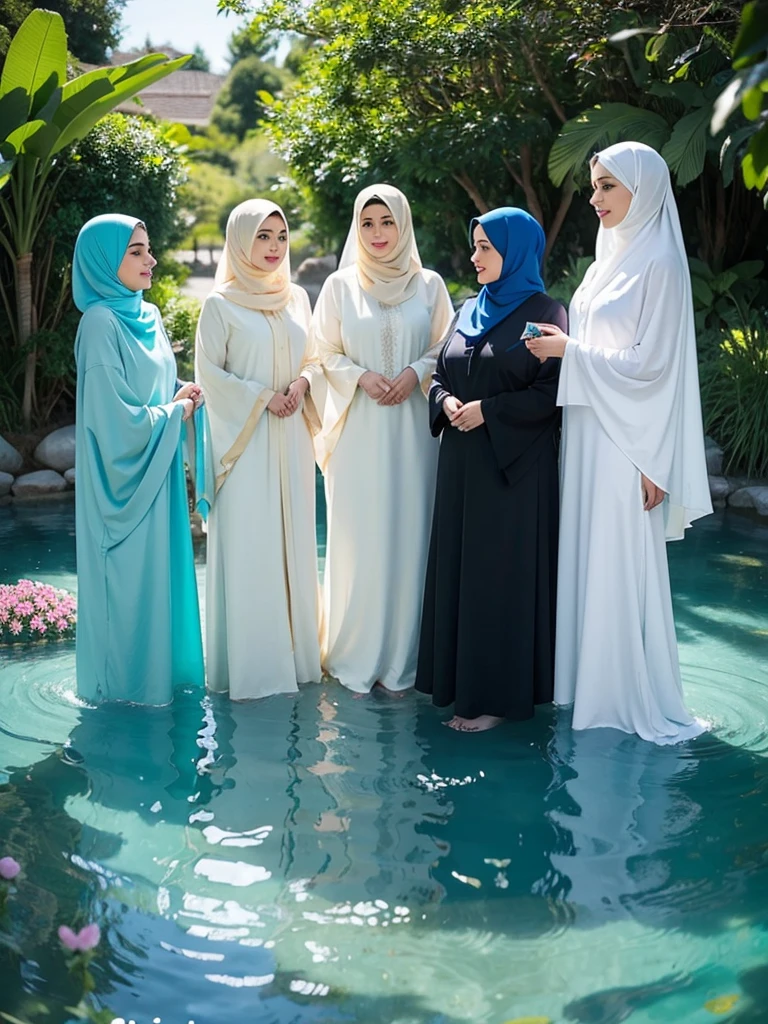 Captivated by her allure, 3 plump women's, they stands amidst a sea of vibrant flowers, they blue, green, and cream hijab flowing gracefully around her. In a world of vivid colors and dreamlike serenity, she enchants with her stunning physique and captivating gaze. Lost in the ethereal beauty of nature, she radiates confidence in they mesmerizing blue, green, and cream hijab and abaya.