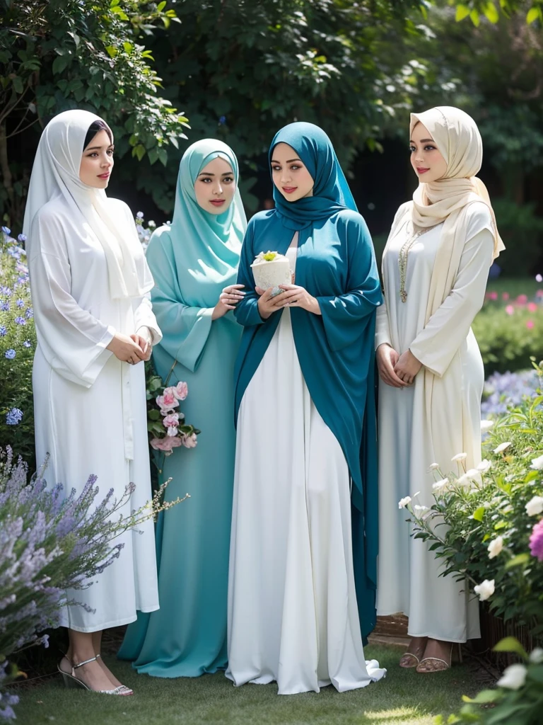 Captivated by her allure, 3 plump women's, they stands amidst a sea of vibrant flowers, they blue, green, and cream hijab flowing gracefully around her. In a world of vivid colors and dreamlike serenity, she enchants with her stunning physique and captivating gaze. Lost in the ethereal beauty of nature, she radiates confidence in they mesmerizing blue, green, and cream hijab and abaya.