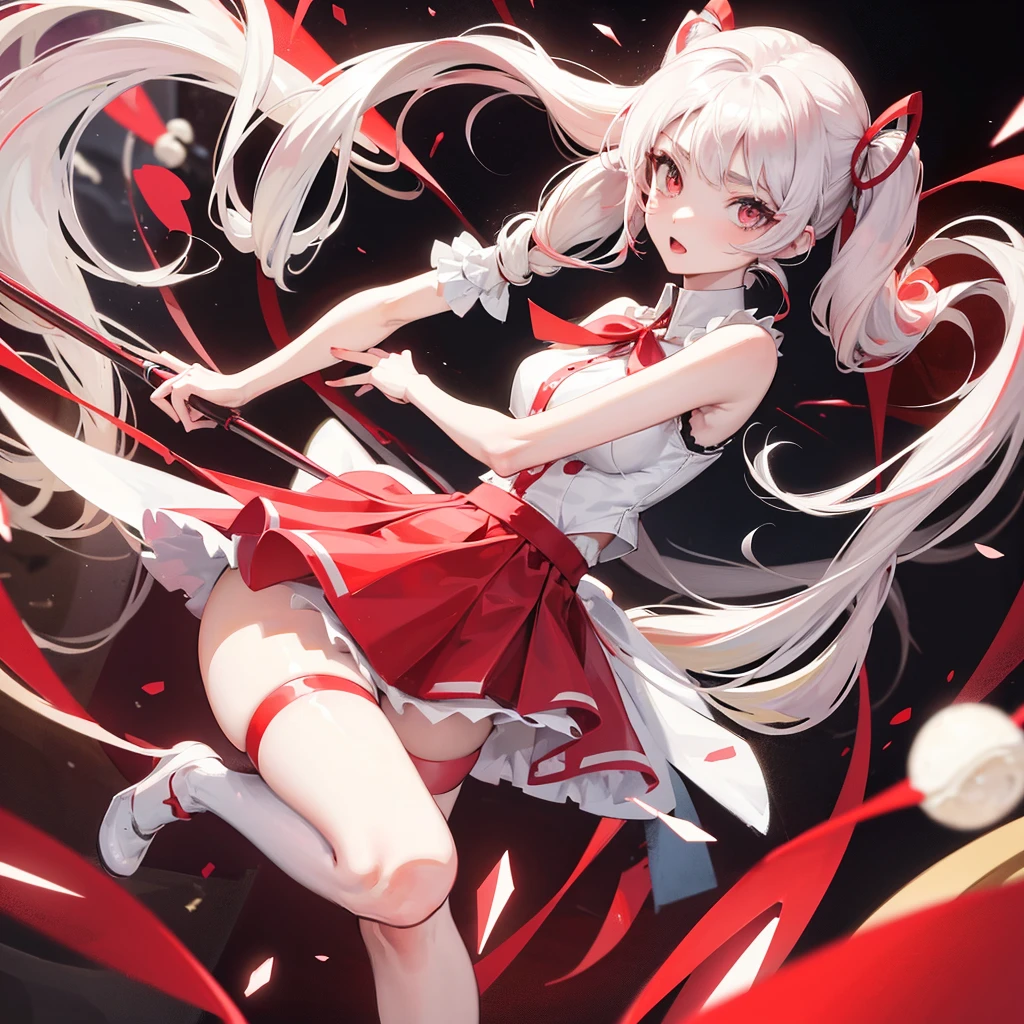 Anime girl in a skirt, red and white hair Twin Tail, beautiful background,in a standing position, beautiful pose, 2d.