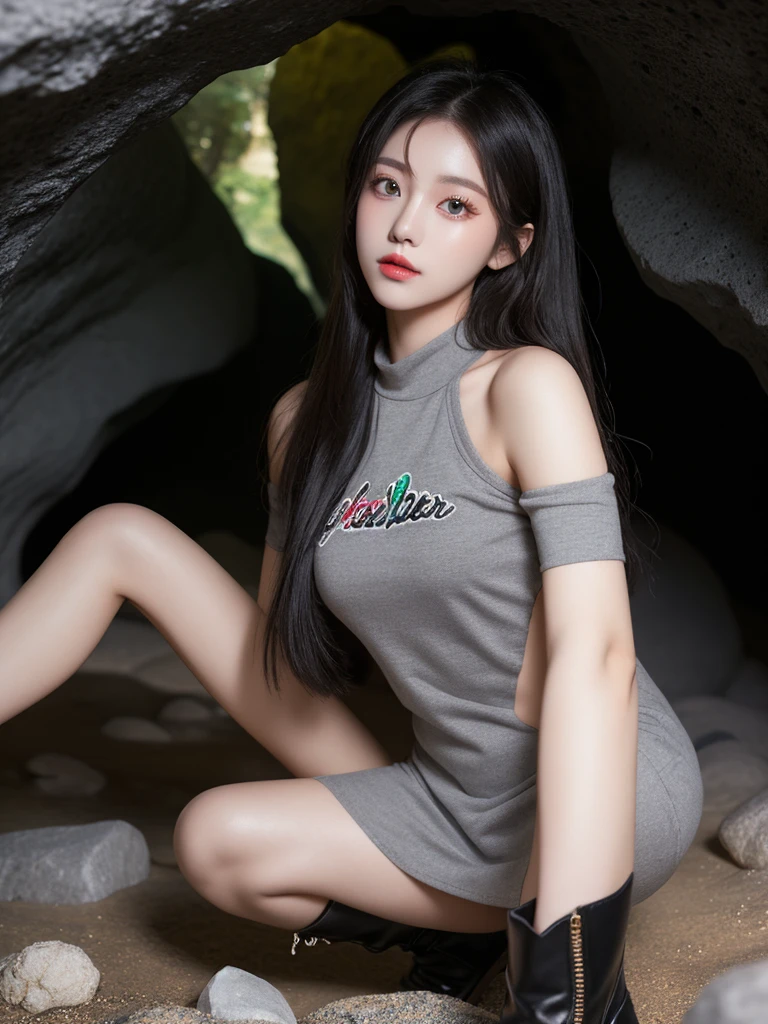 Beautiful woman wearing a grey Wearing swag style clothes mini dress with decorations on the shirt and visible shoulders and wearing boots and being photographed with a background And I was in a cave filled with colorful and cool rocks ,Korean style swag, beautiful face so gorgeous, Beautiful eyes, y2k style, 