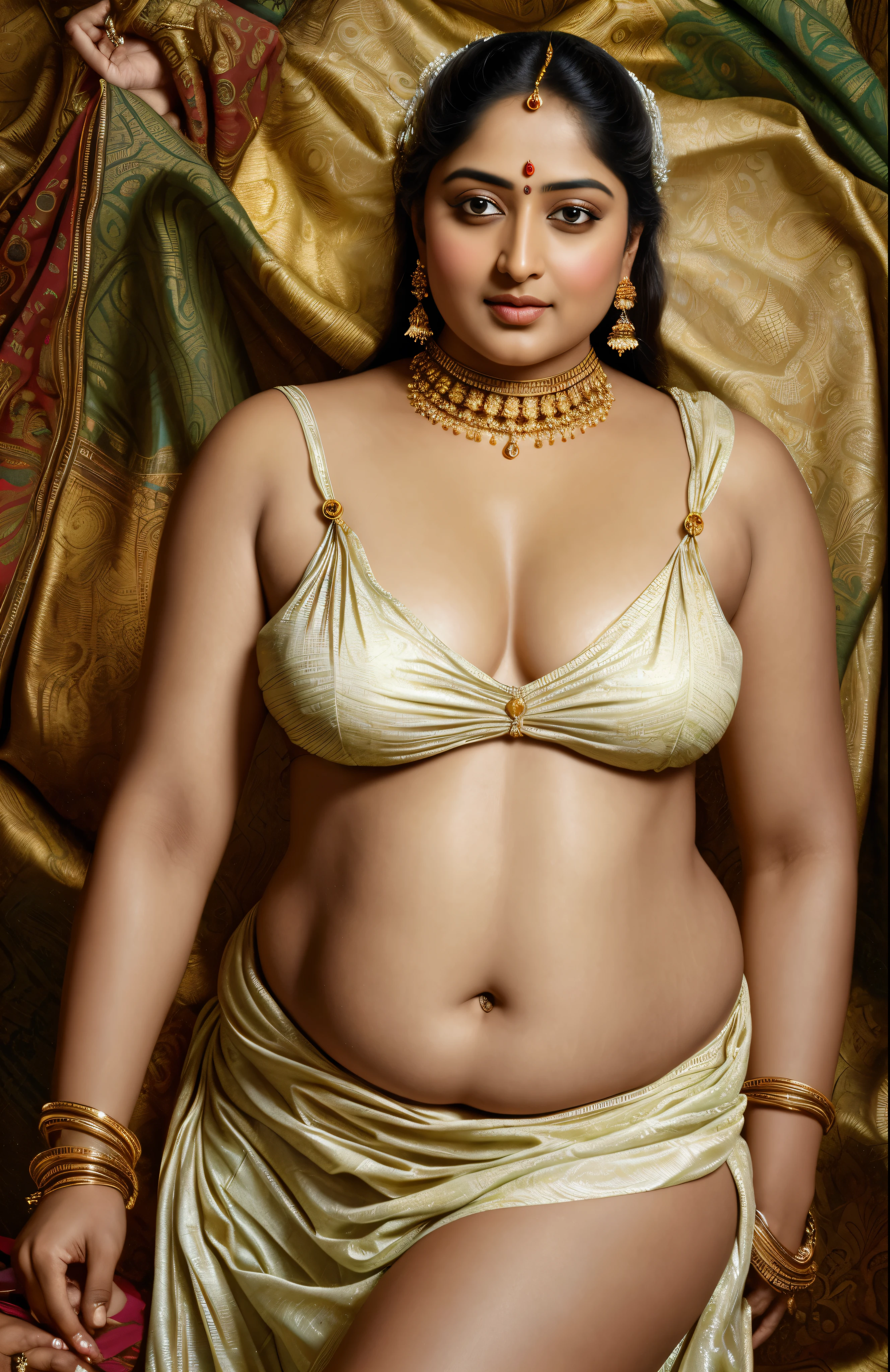 Looks like Anushka Shetty, Beautiful Indian Woman, wearing saree, sari Beauty, gorgeous, curvy, sexy navel folds, Apsara, Maharani, royal queen woman, nymph from Hindu Mythology, Urvashi, matchless beauty, Highly detailed, Oil Painting by Peter Paul Rubens inspired by Raja Ravi Varma, Matchless beauty, captivating, gorgeous, heavenly beauty, celestial beauty, by Peter Paul Rubens, 13, realistic, hyper realistic, micro details, incredible artwork, insane details, ultra High resolution, 8k, 32k, acrylic on canvas, intricate, flawless, detailed, detailed face, detailed eyes, masterpiece, by Peter Paul Rubens, by Caravaggio, by William Adolphe bouguereau, perfect face, perfect body, beautiful art, realism, baroque, renaissance Art, highly textured, beautiful and detailed eyes, uhd, best quality,