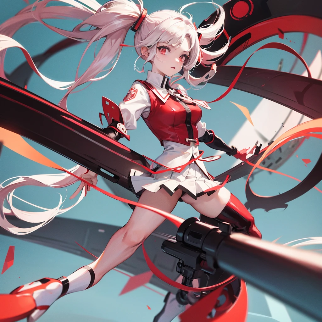 Anime girl in a skirt, red and white hair Twin Tail, beautiful background,in a standing position, beautiful pose, 2d.