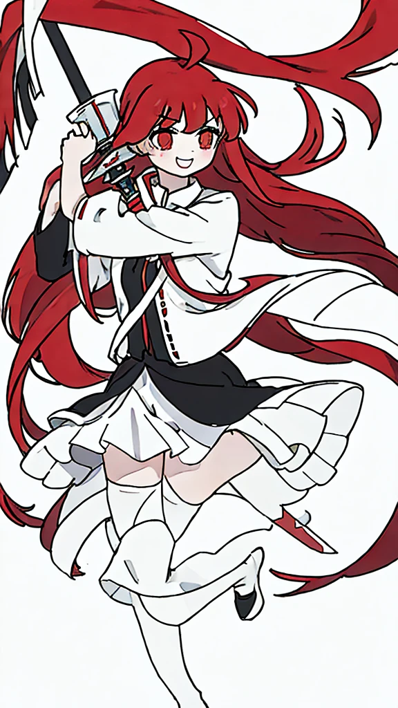 Highest quality, 1 girl, best quality, long red hair, ahoge neck collar shirt black, shows shoulders, white dress, long white skirt on right side, white thigh highs, red eyes, white outfit, smiling, serious eyebrows, full body, holding big sword