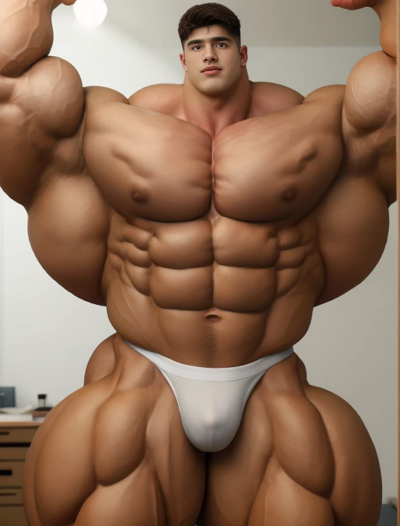 1boy, giant, bodybuilding pose, illuminating light, strong body, bulk, large size, staring, armpit, in the white photo studio room, nude, white triangular underwear, prominent bulge, big, brutalmass, giant, muscular body, bulk, buff, massive body, large meaty body size