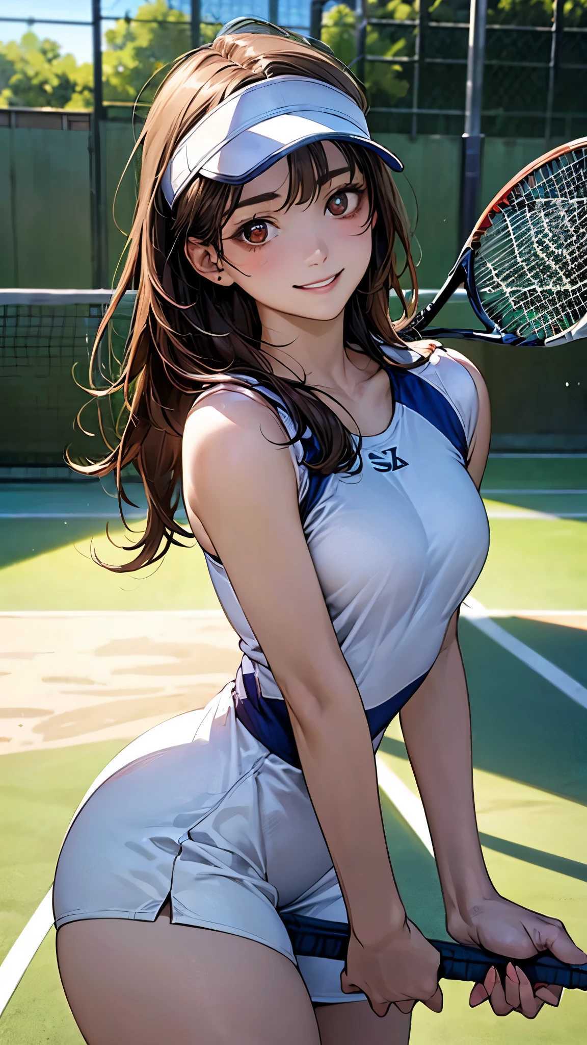 (masterpiece:1.2, top-quality), (realistic, photorealistic:1.3), beautiful illustration, (natural side lighting, movie lighting), surrealism,
looking at viewer, 1 girl, japanese, , , perfect face, cute and symmetrical face, babyface, shiny skin,
(long hair, curvy hair, brown hair), bangs, brown eyes, big eyes, long eye lasher, (medium breasts, thick thighs),
beautiful hair, beautiful face, beautiful detailed eyes, beautiful clavicle, beautiful body, beautiful chest, beautiful thigh, beautiful legs, beautiful fingers,
sexy shiny light blue tennis uniform, sun visor, bare arms, breasts looking, (no-bra),
(beautiful scenery), during daytime, (tennis court), (stick out buttocks, sexy pose), (very embarrassing panic smile),