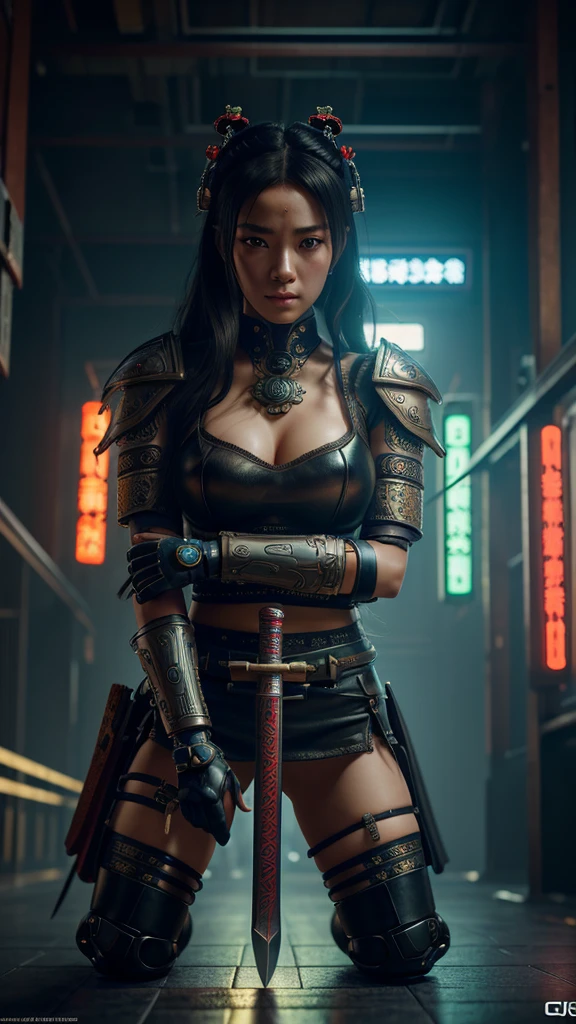 Hyperrealistic version of a woman kneeling down with a sword in her hand, very beautiful cyberpunk samurai, anime cyberpunk art, cyberpunk samurai, cyberpunk anime art, anime cyberpunk, cgsociety 9, digital cyberpunk anime art, style of maciej kuciara.1girl, samurai armor, helmet oni evil mask,intricate, ornaments detailed, cold colors, metal, egypician detail, highly intricate details, realistic light, trending on cgsociety, glowing eyes, facing camera, neon details, ultra realistic details, portrait full body, japanese atmosphere, global illumination, shadows, octane render, 8k, ultra sharp.cool ta.