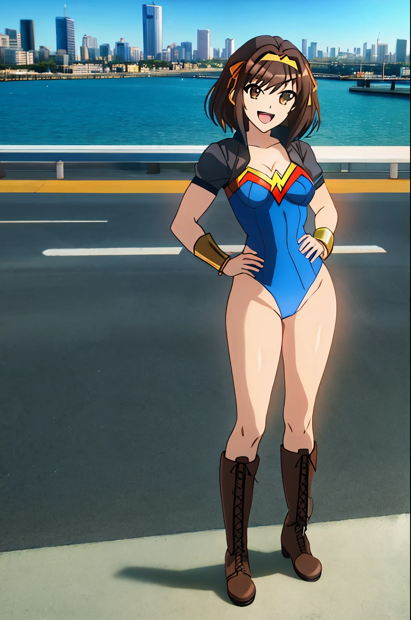 1girl, medium breasts, leotard, wonder woman leotard, tight belt, bare legs, boots, matching boots, bracelets, city backdrop, solo, single, standing, full body shot, cowboy shot, beautiful detailed eyes, haruhi, looking_at_viewer, smile, short_hair, open_mouth, bangs, brown_hair, ribbon, cleavage, brown_eyes, hair_ribbon, :d, hairband, medium_hair, v-shaped_eyebrows, orange_hairband, hand on hip