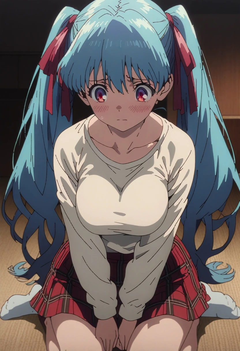 cel-shaded, 1990s anime, detailed, high quality, atmospheric, masterpiece, best quality, very aesthetic, absurdres, anime screencap, miku. 1girl, solo, red eyes, detailed eyes, blue hair, twintails, long twintails, hair ribbons, , miniskirt, plaid miniskirt, white shirt, indoors, curvy body, big breasts, blush, sad, cowboy shot, wariza, front view