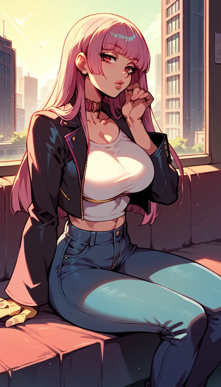 kula diamond, pink cropped, black jacket, chocker, jeans, looking around, morning, city, strong, closed lips, sit, mature
