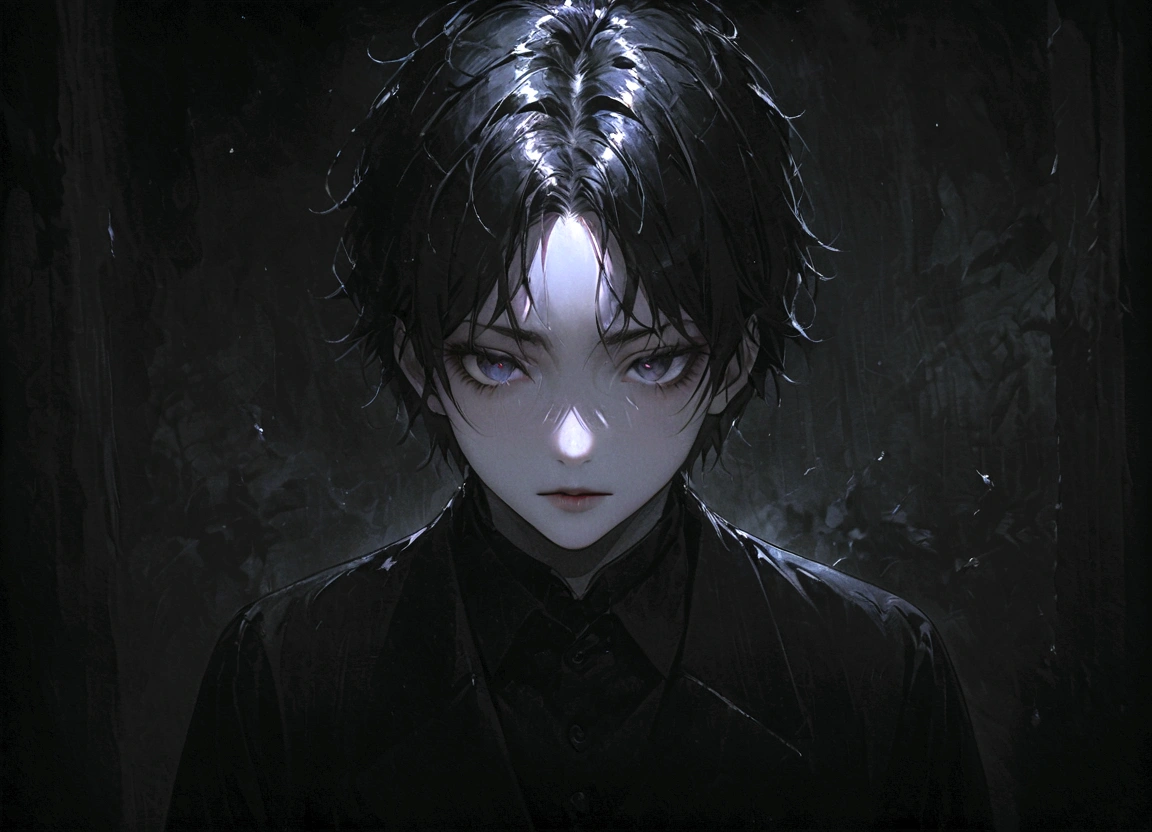 Center-parted bangs、Wolf cut boy、Black Hair、Dark Eyes、Illness、Fall into Darkness
