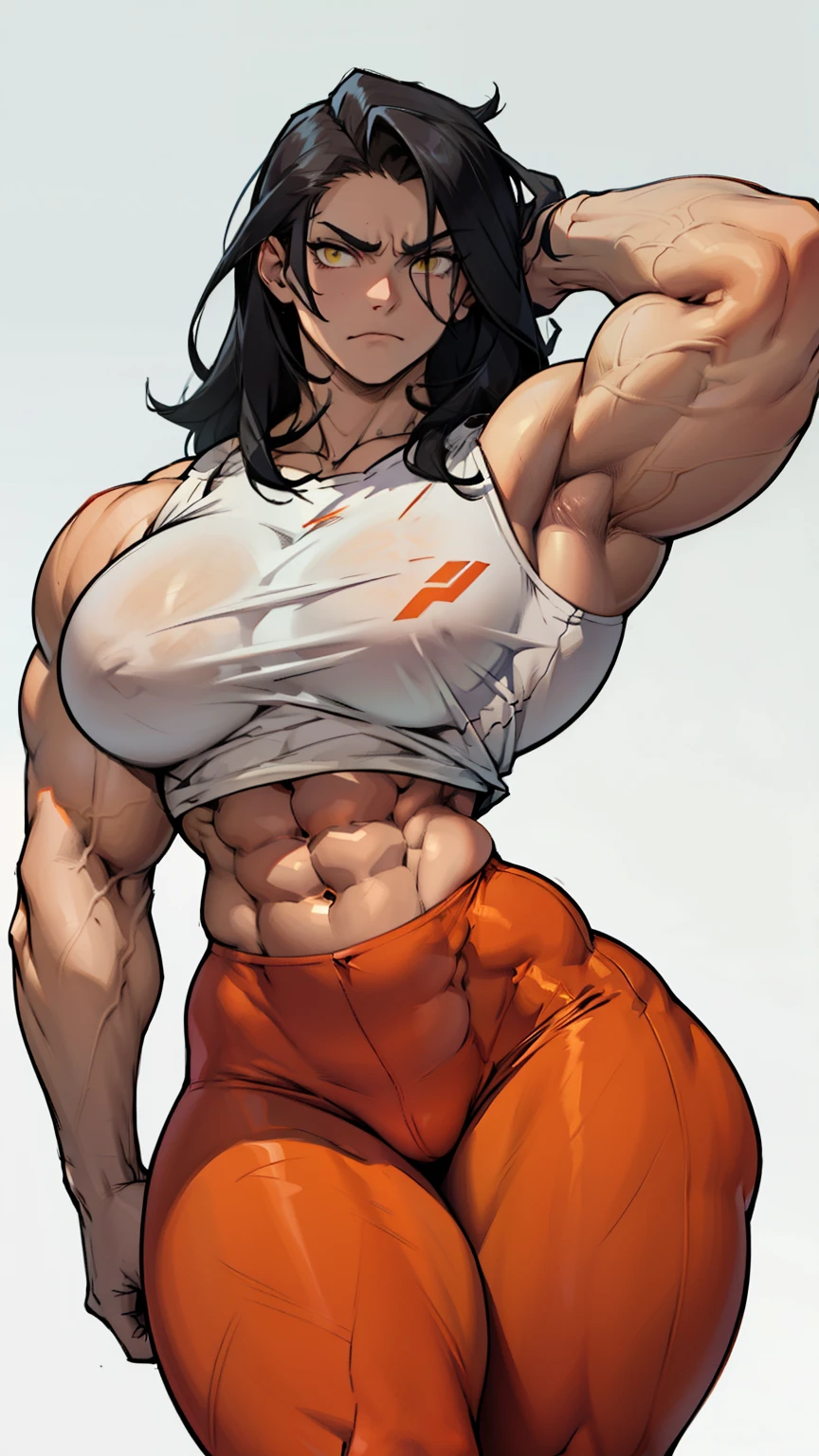 massive breasts huge muscles muscular girl toned body bodybuilder grey background leggings tight shirt black hair yellow eyes pale skin long hair wide hips curvy thick thighs thick thick thick thick tight sad frown expressionless