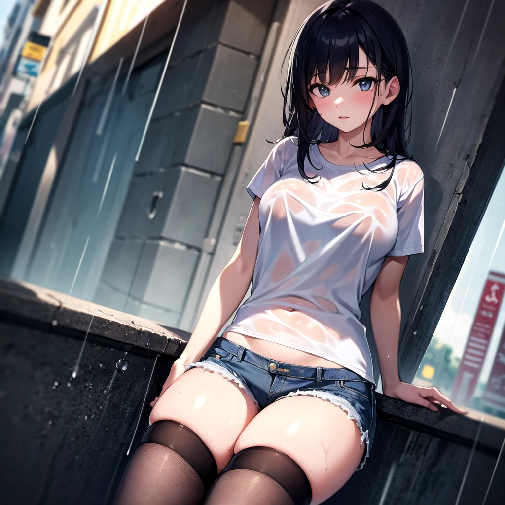 Photo, masterpiece, Best quality, wallpaper, 1 girl, Street, rain, Wet T-shirt, denim shorts, stockings, no bra,in the center of the frame, looks into the eyes.