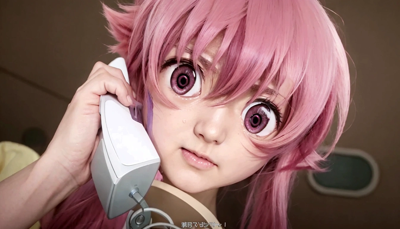 Anime girl with pink hair talking on the phone., Mirai Nikki, anime girl named gasaiyuno, big pink eyes, Gasai Yuno, closeup of another iwakura, Gasai Yuno, Gasai Yuno, she has a nice expressive face, Gasai Yuno, screenshot from a 2012 anime, in the anime movie, scene!!, Shocking