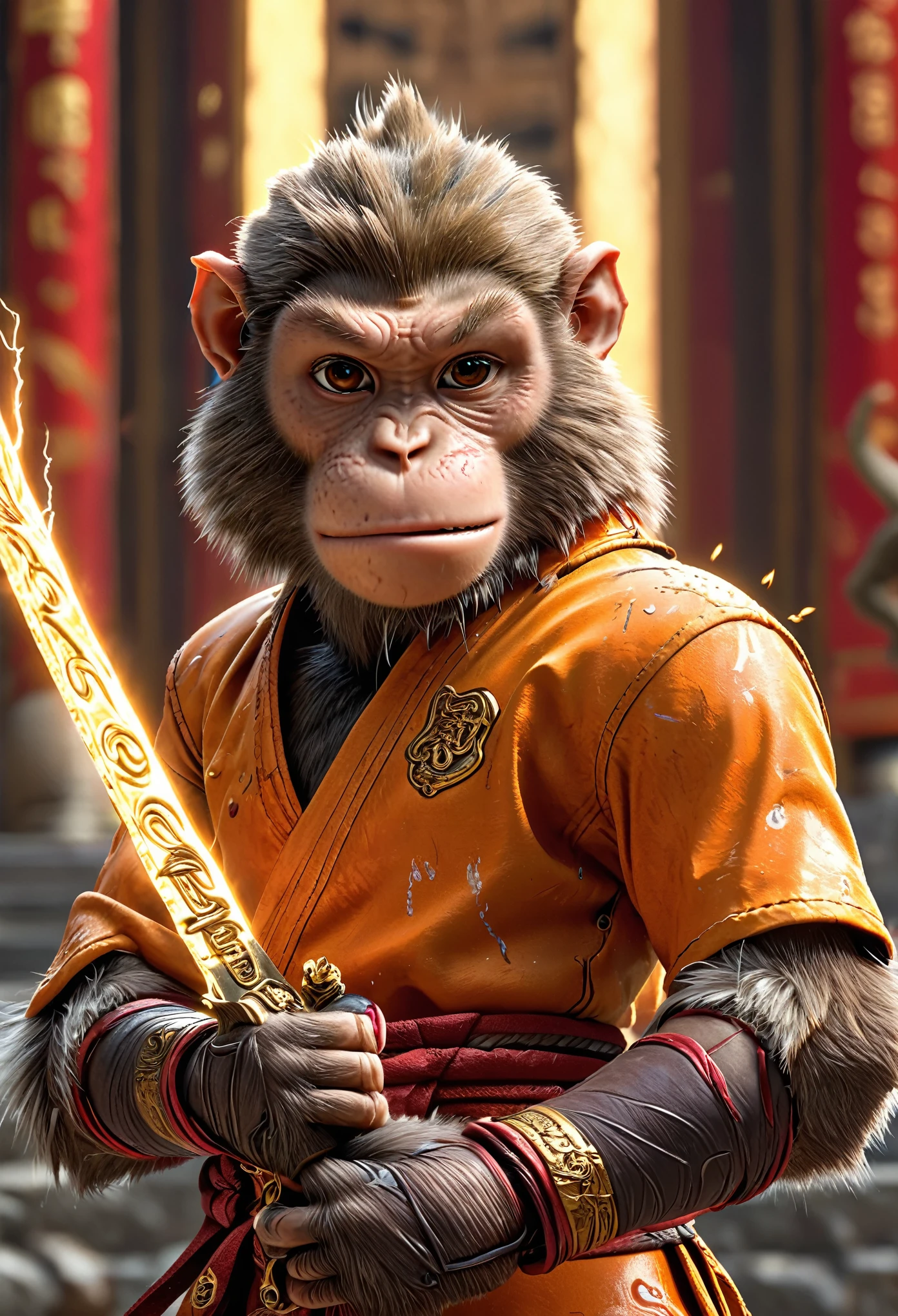 Close-up shot of a monkey, Monkey Martial Artist,whole body, Equipped with lightning-charged claws, Wearing martial arts uniform, Chinese Shaolin Temple Background, High resolution, masterpiece, Highest quality, Super detailed, Super detailed, Ultra-realistic,
 Hong Kong Style, 3D Fluffy, Cute and adorable close-ups, Cute big round reflective eyes, Long fuzzy fur, Pixar Rendering, unreal engine Cinematic smooth, Exquisite detail, Cinematic