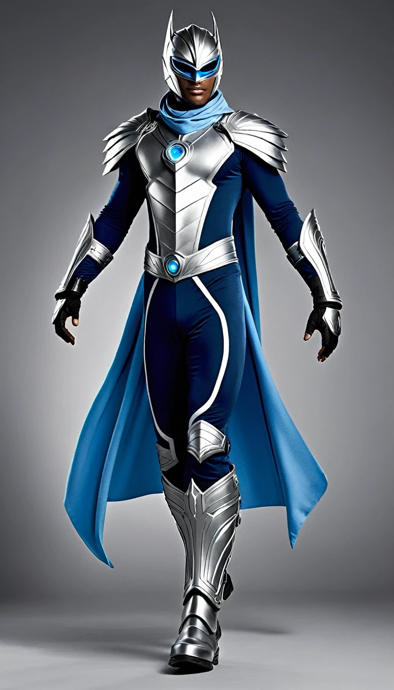 ### VaayuAstra's Costume Design

**Concept:**
VaayuAstra's costume should reflect his connection to the wind and nature while exuding a heroic and formidable presence. The design should be both practical for combat and visually striking, symbolizing his role as a guardian and warrior.

**Color Scheme:**
- **Primary Colors:** Deep Blue and Silver
- **Accent Colors:** White and Metallic Gray

**Material:**
- Lightweight and durable fabrics such as kevlar and reinforced spandex for flexibility and protection.
- Sections of the costume could be made from high-tech materials that can withstand extreme weather conditions and physical impact.

**Details:**

1. **Body Suit:**
   - **Base:** Deep blue bodysuit that fits snugly, allowing for maximum mobility.
   - **Patterns:** Silver patterns resembling swirling wind currents running along the arms, legs, and torso, symbolizing his control over the air.

2. **Chest Emblem:**
   - A silver emblem of a stylized wind gust on the chest, glowing faintly with an ethereal light to signify his divine powers.

3. **Cape:**
   - **Design:** A detachable, knee-length cape in a gradient from deep blue to white, mimicking the appearance of clouds and wind.
   - **Functionality:** Lightweight and designed to flow gracefully in the wind, enhancing his aerodynamic movements.

4. **Mask:**
   - **Style:** A sleek, silver mask covering the upper half of his face, with wind-like designs etched into it.
   - **Features:** Advanced lenses integrated for his extraordinary vision abilities, allowing him to see through obstacles and across great distances.

5. **Gauntlets and Boots:**
   - **Gauntlets:** Silver, reinforced gauntlets with built-in tech for controlling his wind blasts and channeling energy.
   - **Boots:** High-tech boots designed for super speed and enhanced grip, featuring silver accents and wind motifs.

6. **Utility Belt:**
   - A metallic gray belt with compartments for storing gadgets, communication devices, and essential items