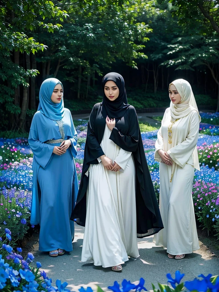 Captivated by her allure, 3 plump women's, they stands amidst a sea of vibrant flowers, they blue, green, and cream hijab flowing gracefully around her. In a world of vivid colors and dreamlike serenity, she enchants with her stunning physique and captivating gaze. Lost in the ethereal beauty of nature, she radiates confidence in they mesmerizing blue, green, and cream hijab and abaya.