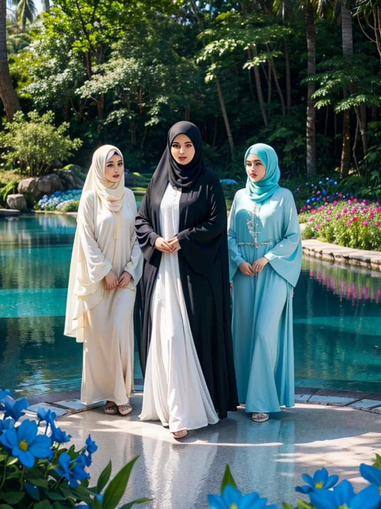 Captivated by her allure, 3 plump women's, they stands amidst a sea of vibrant flowers, they blue, green, and cream hijab flowing gracefully around her. In a world of vivid colors and dreamlike serenity, she enchants with her stunning physique and captivating gaze. Lost in the ethereal beauty of nature, she radiates confidence in they mesmerizing blue, green, and cream hijab and abaya.