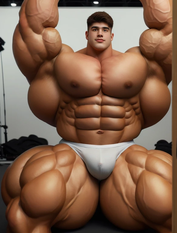 1boy, giant, bodybuilding pose, illuminating light, strong body, bulk, large size, staring, armpit, in the white photo studio room, nude, white triangular underwear, prominent bulge, big, brutalmass, giant, muscular body, bulk, buff, massive body, large meaty body size