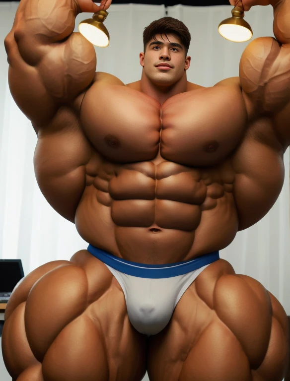 1boy, giant, bodybuilding pose, illuminating light, strong body, bulk, large size, staring, armpit, in the white photo studio room, nude, white triangular underwear, prominent bulge, big, brutalmass, giant, muscular body, bulk, buff, massive body, large meaty body size