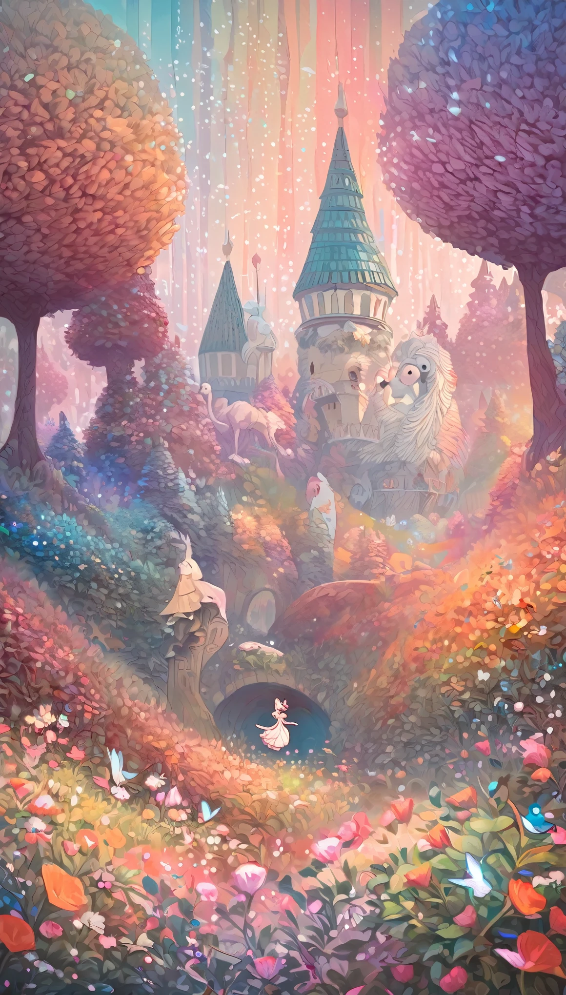 Aesop's Fables, Andersen's Fairy Tales, Grimm's Fairy Tales, The Nutcracker-like illustration style, best quality, super fine, 16k, incredibly absurdres, extremely detailed, 2.5D, delicate and dynamic, cute animals, glitter effect, background pastel and vivid color forest