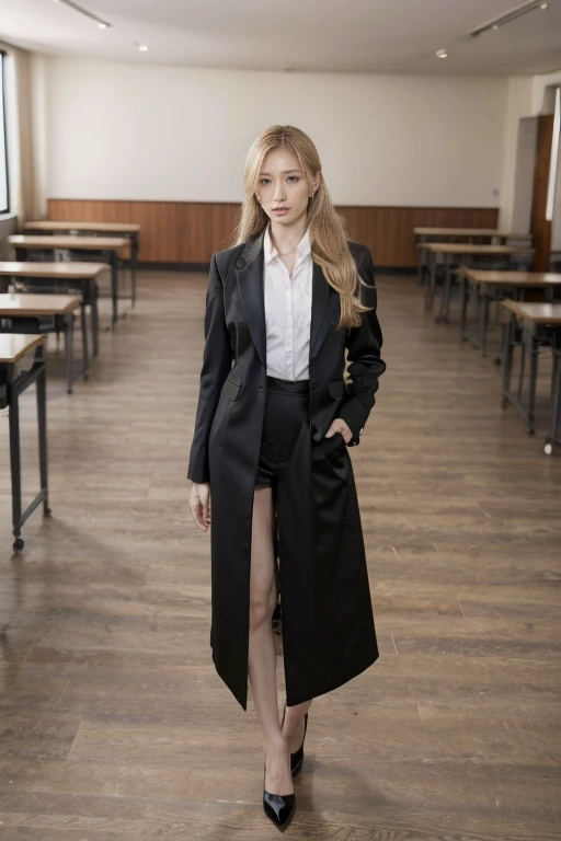 1 Girl, model，Long blond hair,  Stylish hairstyle，Standing in the classroom, Business suit，Photo poses，Black school modern, Beautiful long legs，Sexy high heels，Japanese style
