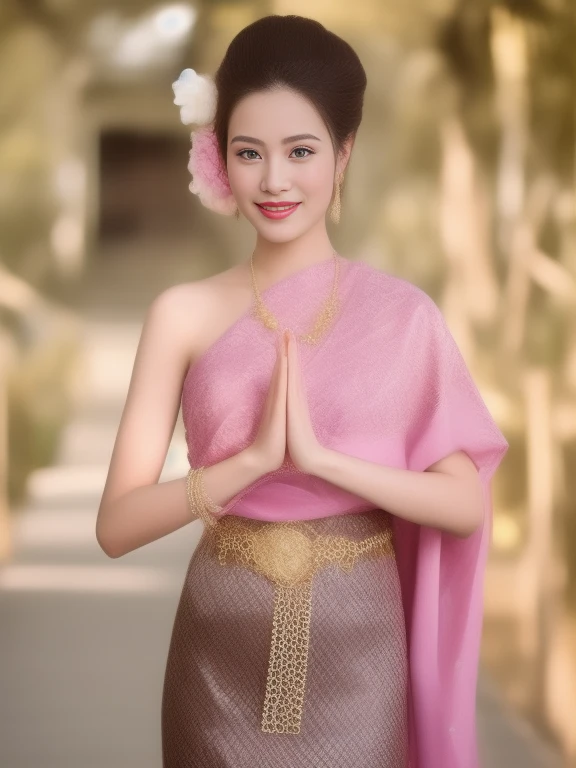 Close-up of woman wearing gold dress and jewelry, traditional beauty, traditional makeup, Sukhothai dress, Southeast Asia that has existed for a long time, Niwan Chandra, traditional, Wear luxurious jewelry., According to Thawan Duchanee&#39;s style, wearing traditional garb, Wear elegant clothes, Dressed in intricate green and gold., Wear gold jewelry, traditional art (Masterpiece:1.4),, (best quality:1.4),,3 d,, Ultra high resolution animation,, 8K, CG,, (Very delicate and beautiful:1.2),, , upper body,, from the side,, look at viewer,, , 1 girl,, alone,, Girl Robbery,, mature woman,, , cute, sweet,, , In wheat fields,, blurred background,, , Long brown hair,, Ponytail, long, flowing hair,, , brown eyes,, gag,, red lips,, , wind blown face,, , white dress,, large breasts, 45,000,000,000 pixcls, The colors are bright and very realistic.,