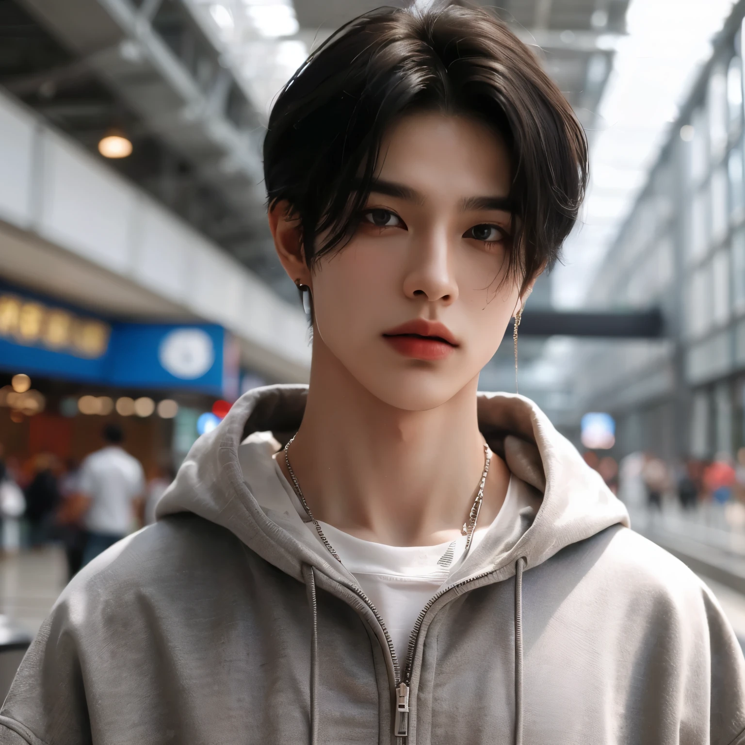 ((highest quality, 8K, masterpiece: 1.3)), a 20 year old man, super handsome, thin face, medium black hair, middle parted hair, black eyes, sexy lips, Asian man, street fashion, oversized clothes, indoor background, full body, beautiful lighting, masterpiece, high quality, redlips, white skin