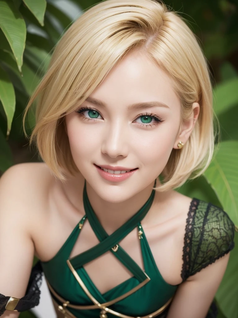 Jessica is a confident and charming woman in her mid-20s,  short blonde hair that frames her face, with vibrant green eyes. She has a slim figure and a friendly smile, sexy fantasy outfit, flirtatious smile, portrait, close up face