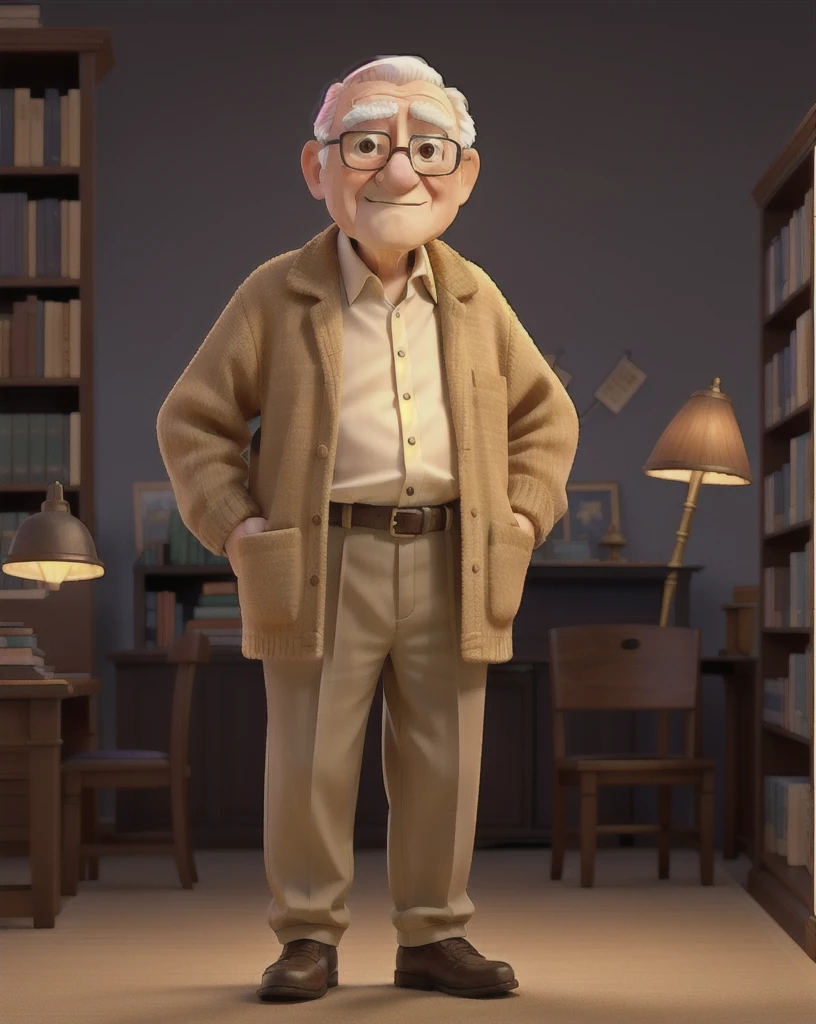 A wise old man standing in front, illuminated by the light of a lamp, against the backdrop of a library