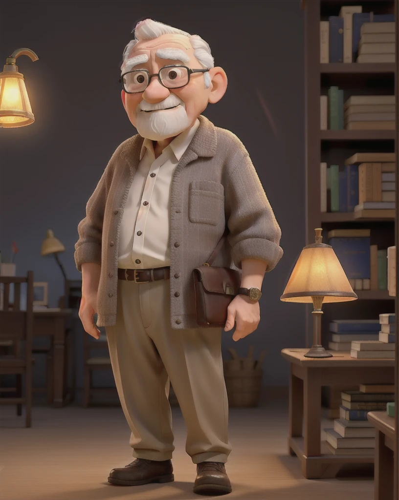 A wise old man standing in front, illuminated by the light of a lamp, against the backdrop of a library