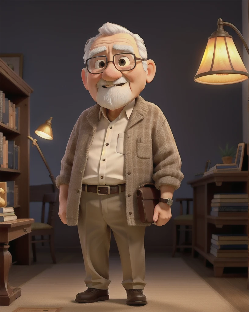 A wise old man standing in front, illuminated by the light of a lamp, against the backdrop of a library